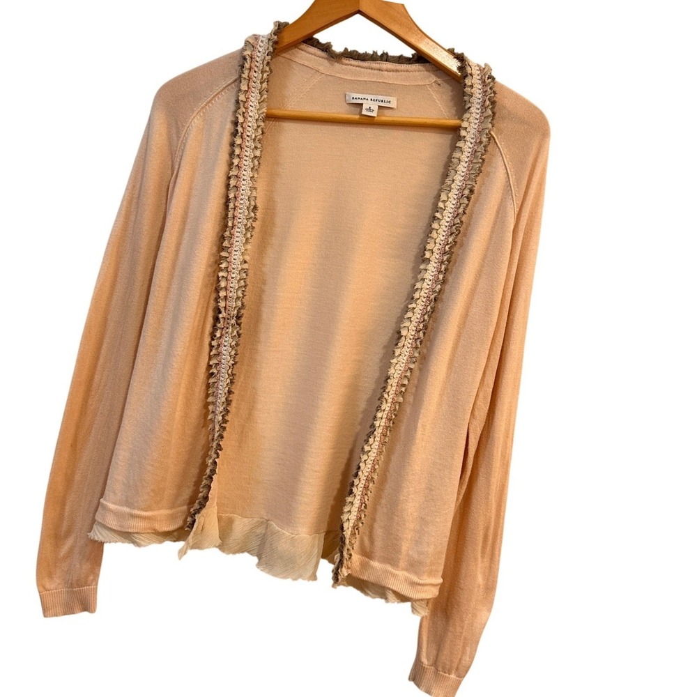 Banana Republic Cardigan Sweater Women Small Peach Ruffle Trim Open Front Cotton